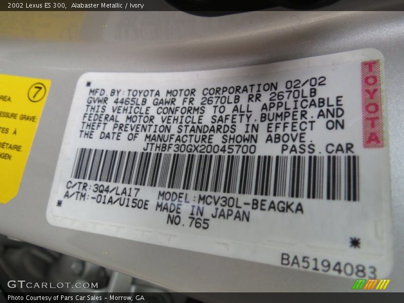 2002 ES 300 Alabaster Metallic Color Code 3Q4