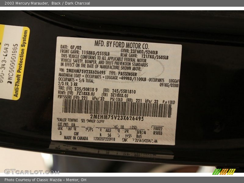 2003 Marauder  Black Color Code UA