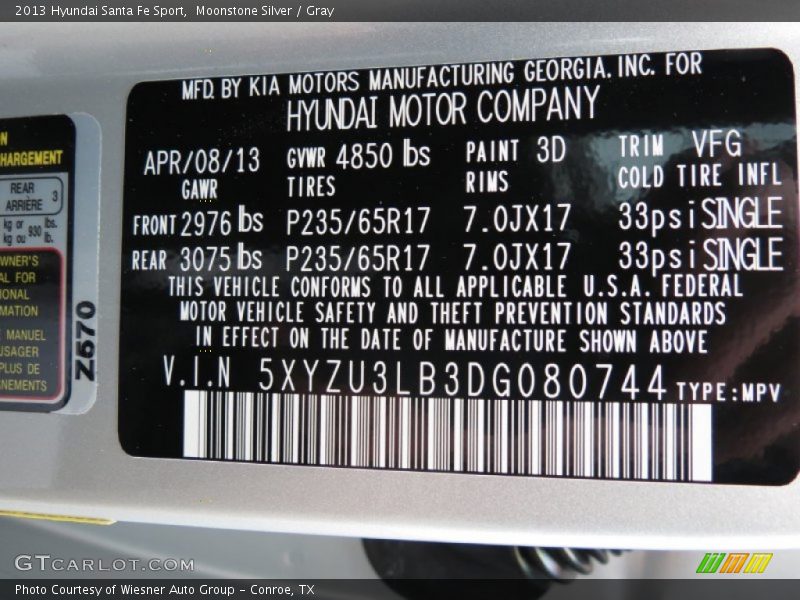 Moonstone Silver / Gray 2013 Hyundai Santa Fe Sport