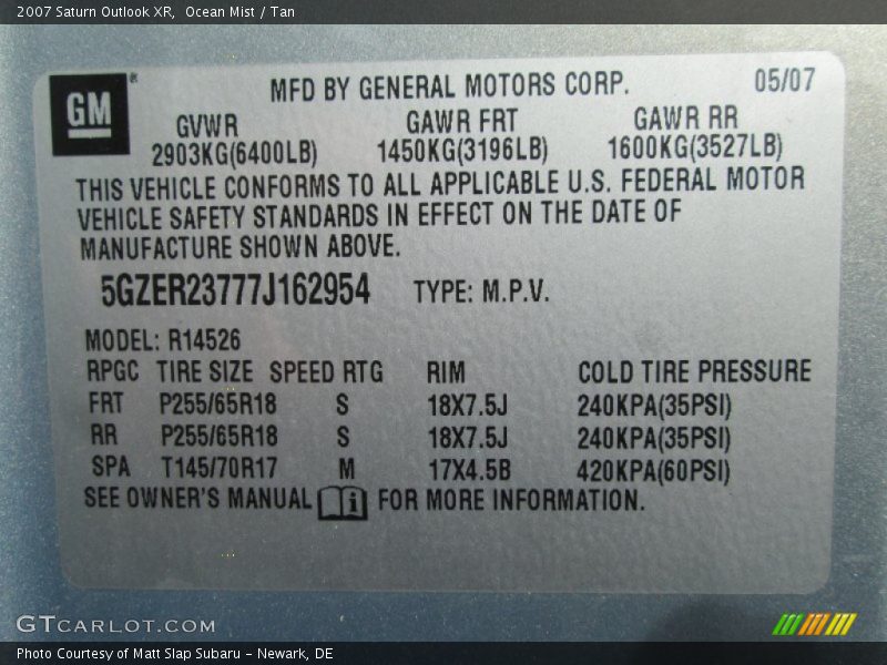Ocean Mist / Tan 2007 Saturn Outlook XR