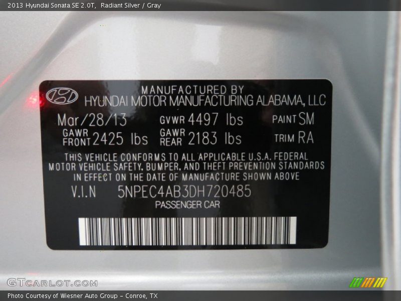 Radiant Silver / Gray 2013 Hyundai Sonata SE 2.0T