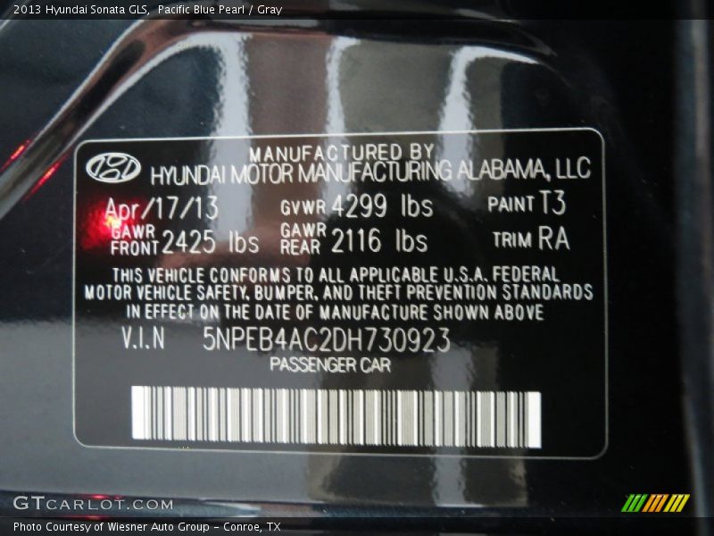 Pacific Blue Pearl / Gray 2013 Hyundai Sonata GLS