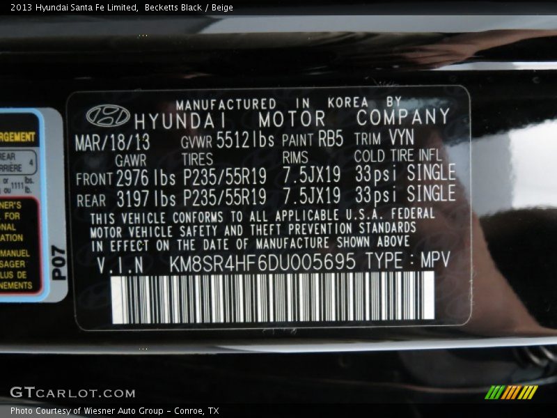 Becketts Black / Beige 2013 Hyundai Santa Fe Limited