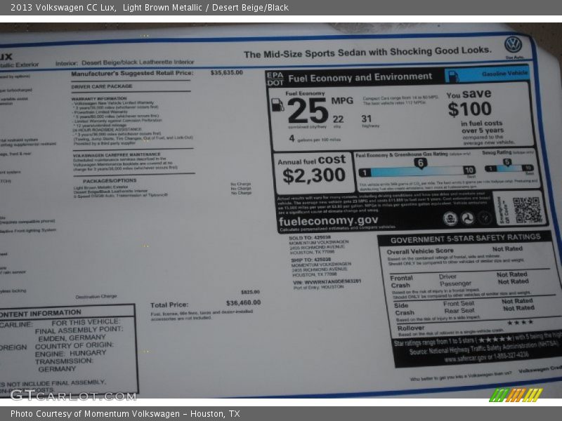 Light Brown Metallic / Desert Beige/Black 2013 Volkswagen CC Lux