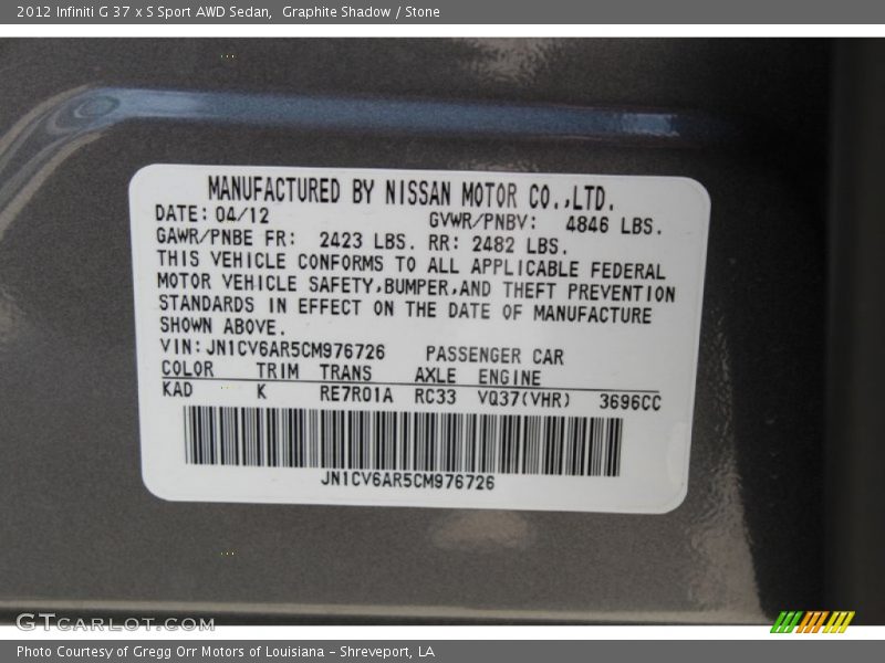 Graphite Shadow / Stone 2012 Infiniti G 37 x S Sport AWD Sedan