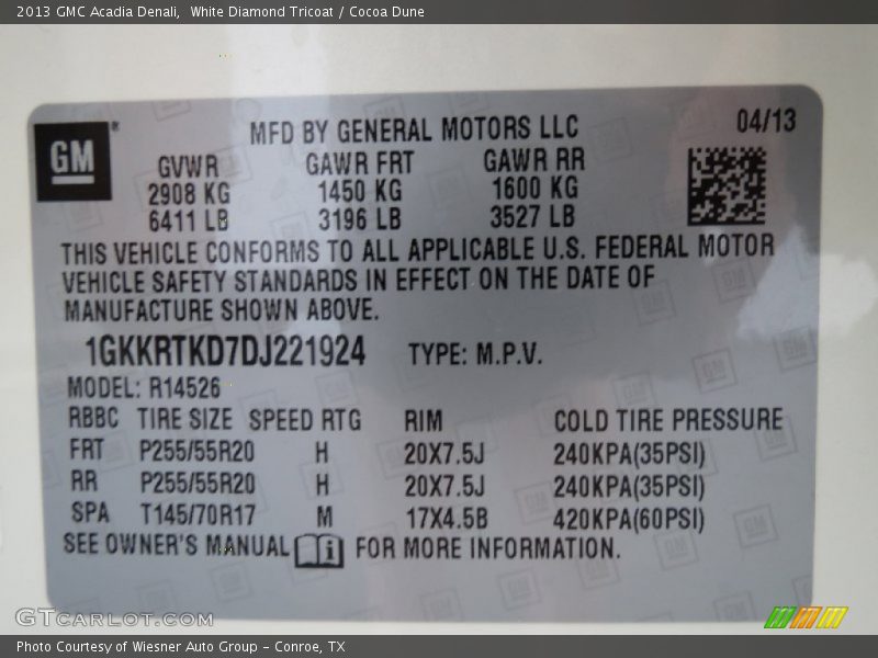 White Diamond Tricoat / Cocoa Dune 2013 GMC Acadia Denali