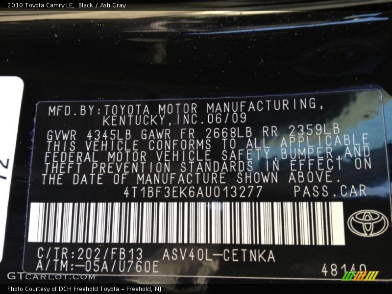 Black / Ash Gray 2010 Toyota Camry LE