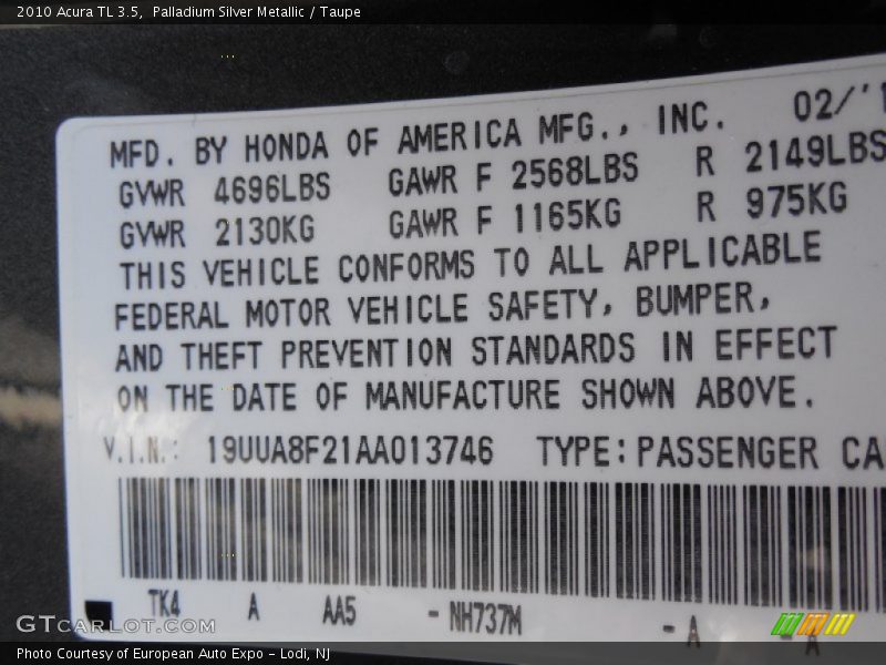 Palladium Silver Metallic / Taupe 2010 Acura TL 3.5
