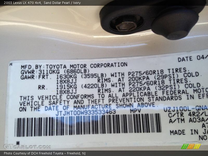2003 LX 470 4x4 Sand Dollar Pearl Color Code 4R2