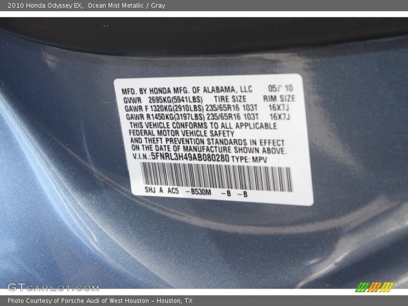 Ocean Mist Metallic / Gray 2010 Honda Odyssey EX