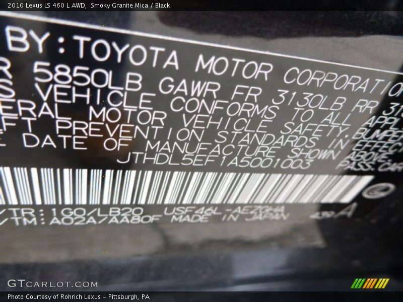 2010 LS 460 L AWD Smoky Granite Mica Color Code 1G0