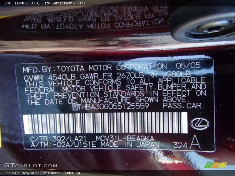 Black Garnet Pearl / Black 2005 Lexus ES 330