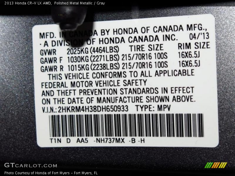 Polished Metal Metallic / Gray 2013 Honda CR-V LX AWD
