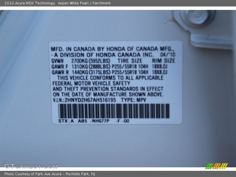 Aspen White Pearl / Parchment 2010 Acura MDX Technology