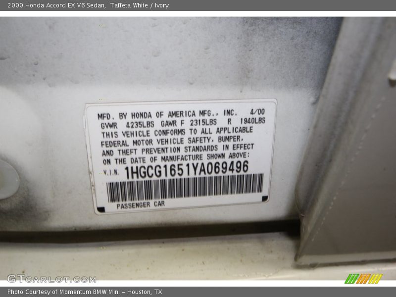 Taffeta White / Ivory 2000 Honda Accord EX V6 Sedan