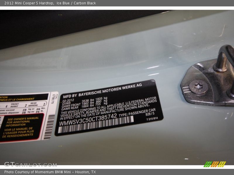 Ice Blue / Carbon Black 2012 Mini Cooper S Hardtop