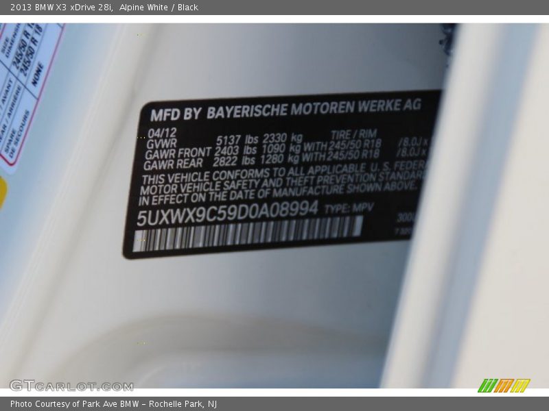 Alpine White / Black 2013 BMW X3 xDrive 28i