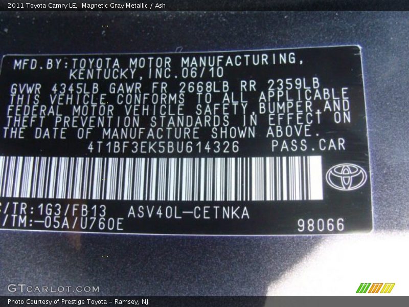 Magnetic Gray Metallic / Ash 2011 Toyota Camry LE