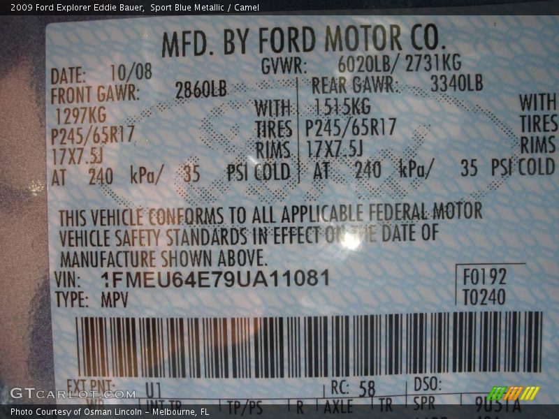 Sport Blue Metallic / Camel 2009 Ford Explorer Eddie Bauer