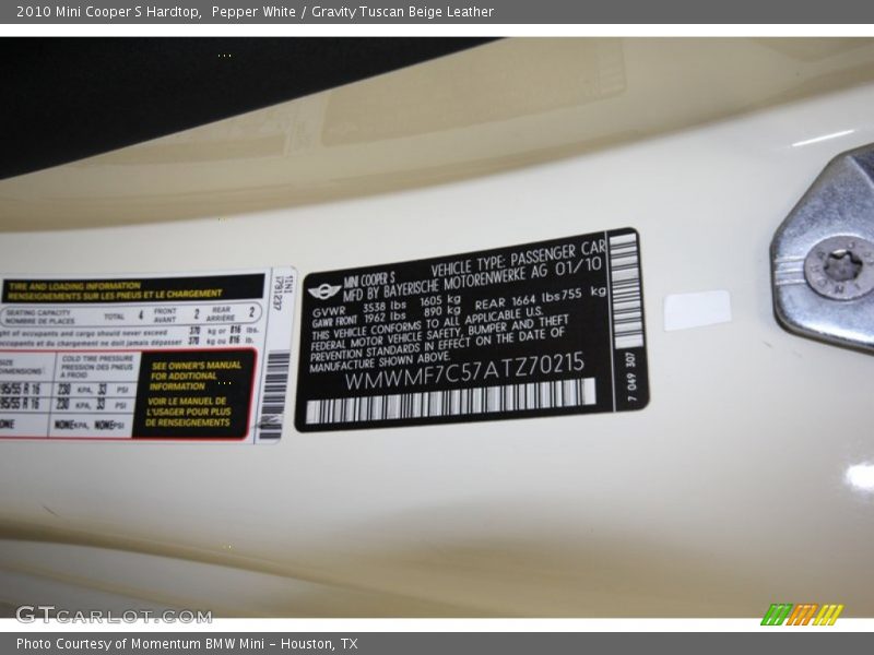 Pepper White / Gravity Tuscan Beige Leather 2010 Mini Cooper S Hardtop