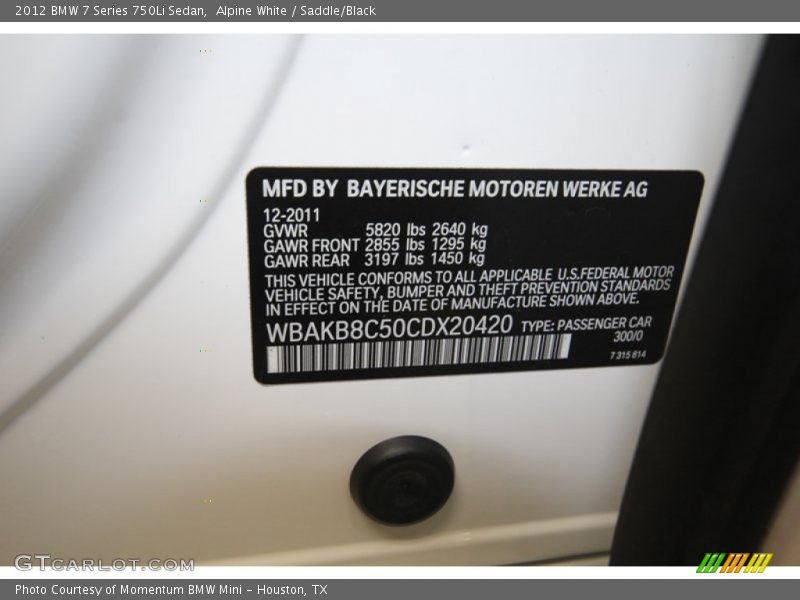 2012 7 Series 750Li Sedan Alpine White Color Code 300