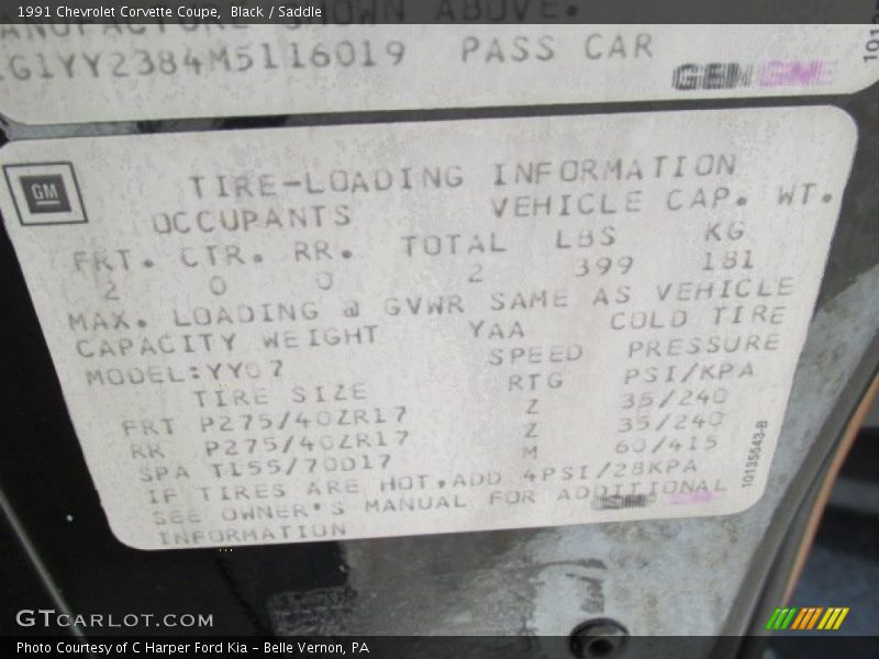 Info Tag of 1991 Corvette Coupe