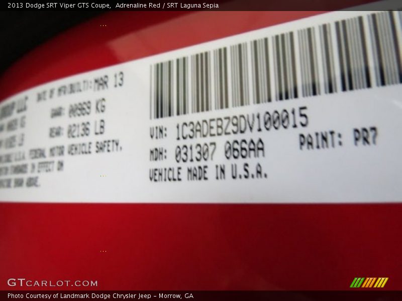 2013 SRT Viper GTS Coupe Adrenaline Red Color Code PR7