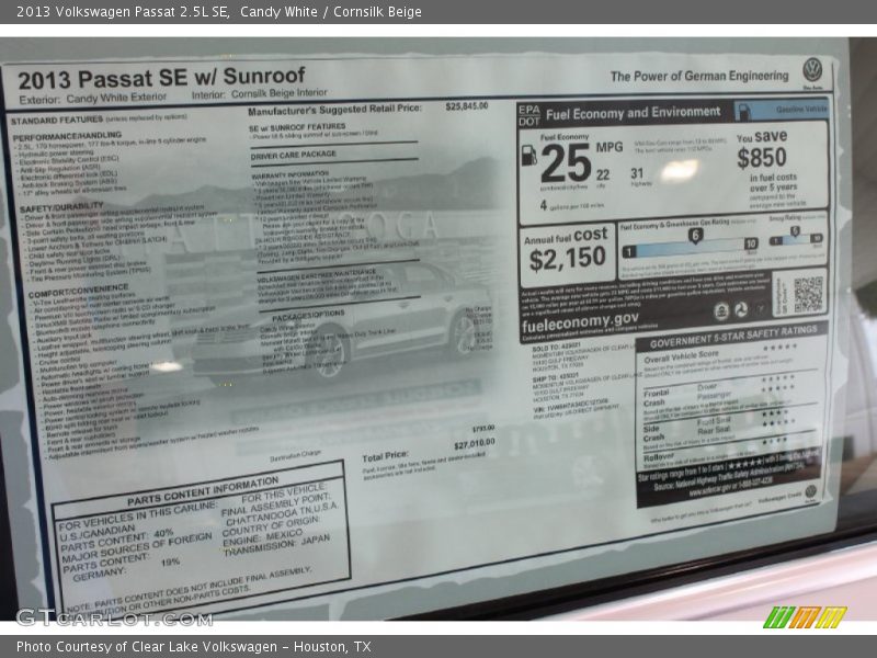Candy White / Cornsilk Beige 2013 Volkswagen Passat 2.5L SE