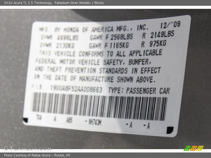 Palladium Silver Metallic / Ebony 2010 Acura TL 3.5 Technology