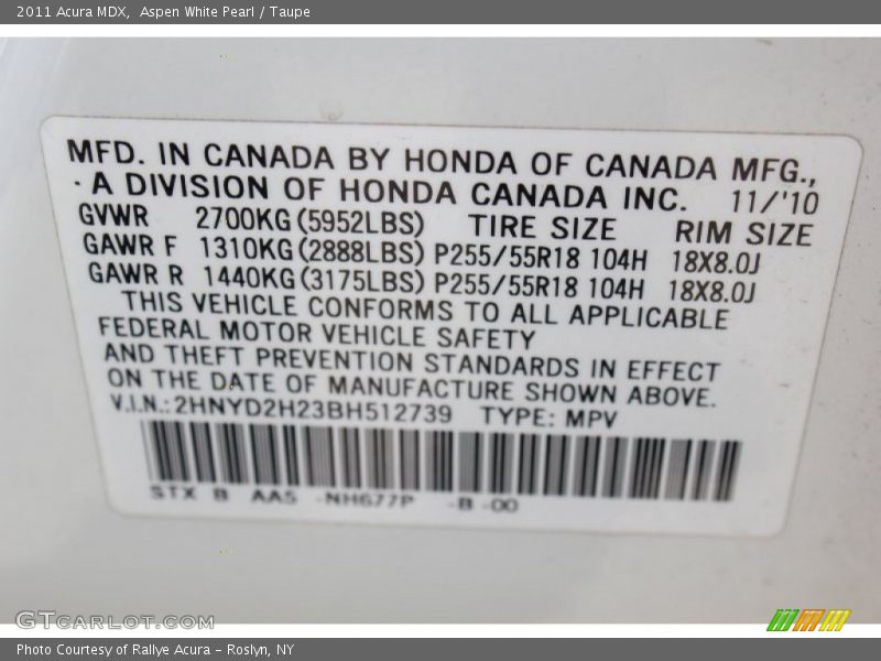 Aspen White Pearl / Taupe 2011 Acura MDX