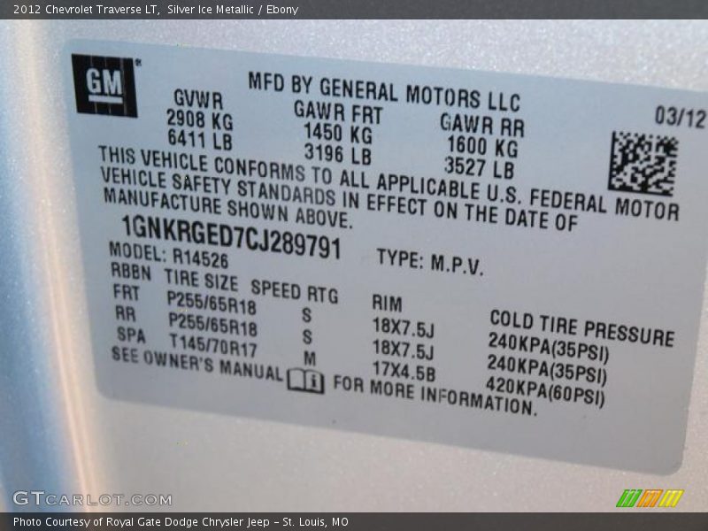 Silver Ice Metallic / Ebony 2012 Chevrolet Traverse LT