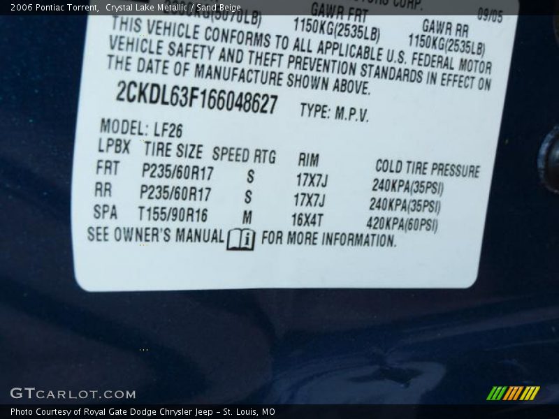 Crystal Lake Metallic / Sand Beige 2006 Pontiac Torrent
