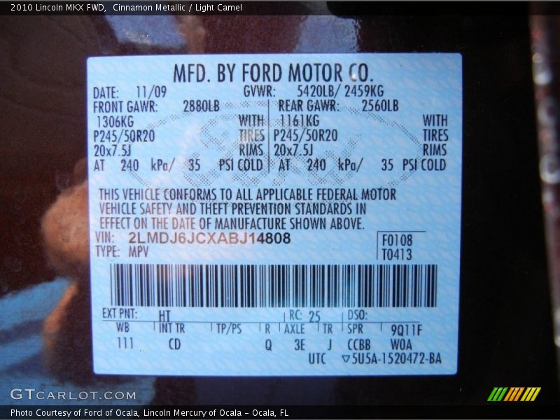 2010 MKX FWD Cinnamon Metallic Color Code HT