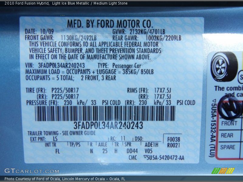 Light Ice Blue Metallic / Medium Light Stone 2010 Ford Fusion Hybrid