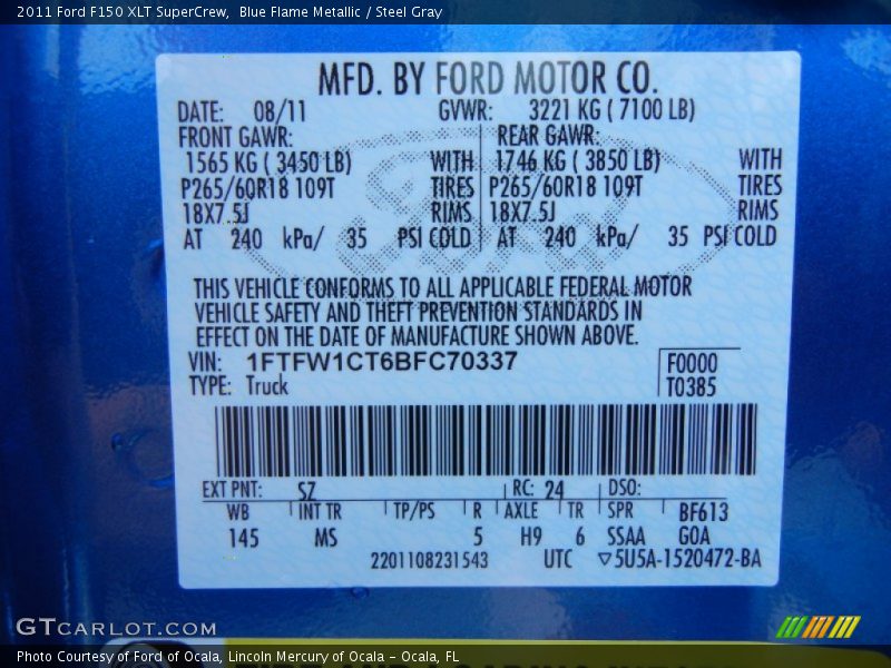 2011 F150 XLT SuperCrew Blue Flame Metallic Color Code SZ