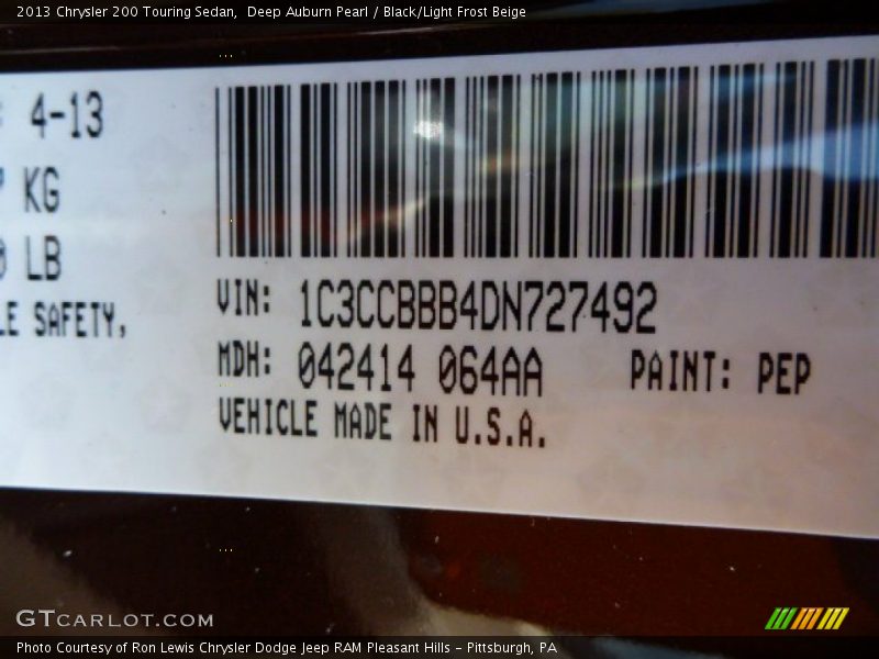 Deep Auburn Pearl / Black/Light Frost Beige 2013 Chrysler 200 Touring Sedan
