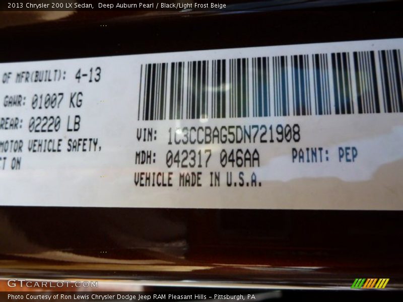 Deep Auburn Pearl / Black/Light Frost Beige 2013 Chrysler 200 LX Sedan