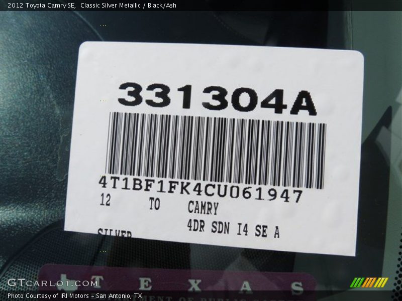 Classic Silver Metallic / Black/Ash 2012 Toyota Camry SE