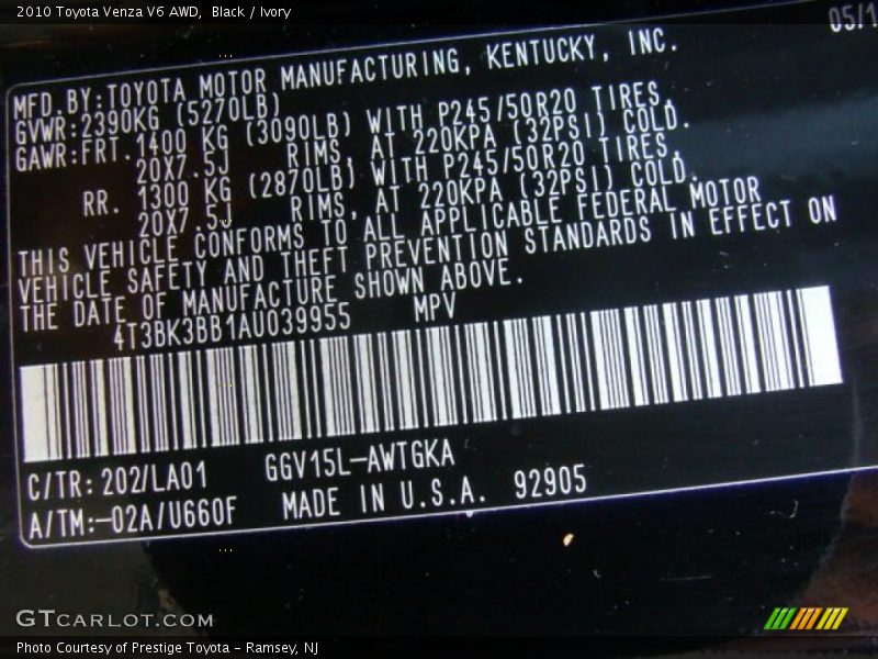 Black / Ivory 2010 Toyota Venza V6 AWD