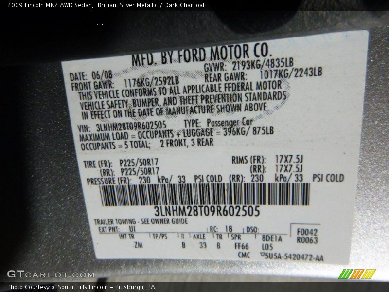 Brilliant Silver Metallic / Dark Charcoal 2009 Lincoln MKZ AWD Sedan