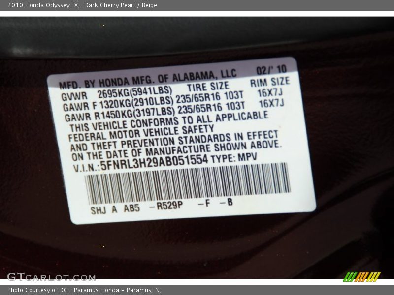 Dark Cherry Pearl / Beige 2010 Honda Odyssey LX