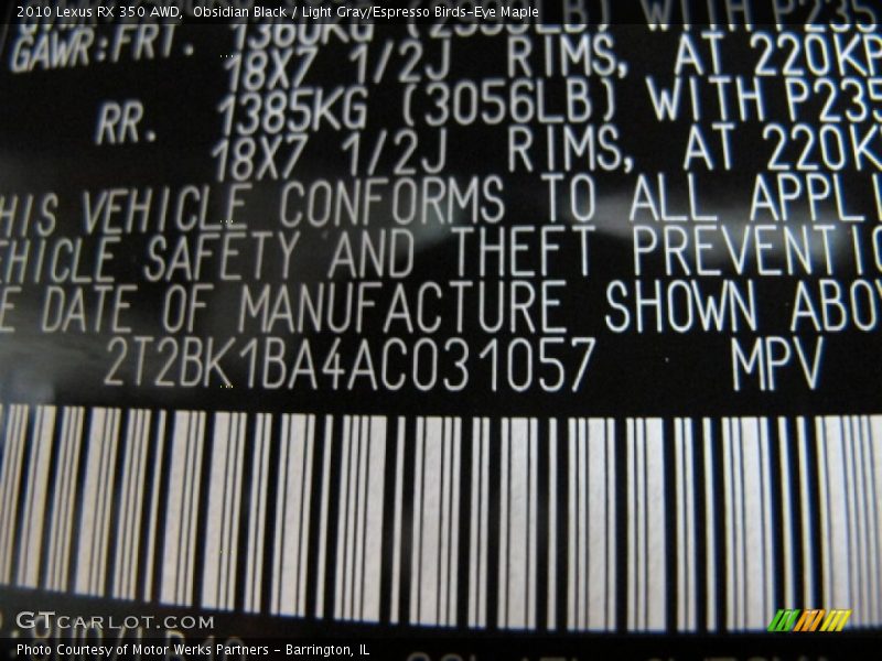 Obsidian Black / Light Gray/Espresso Birds-Eye Maple 2010 Lexus RX 350 AWD