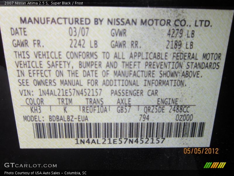 Super Black / Frost 2007 Nissan Altima 2.5 S