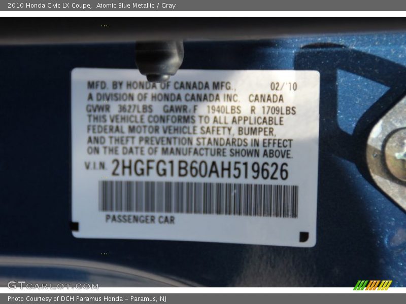 Atomic Blue Metallic / Gray 2010 Honda Civic LX Coupe