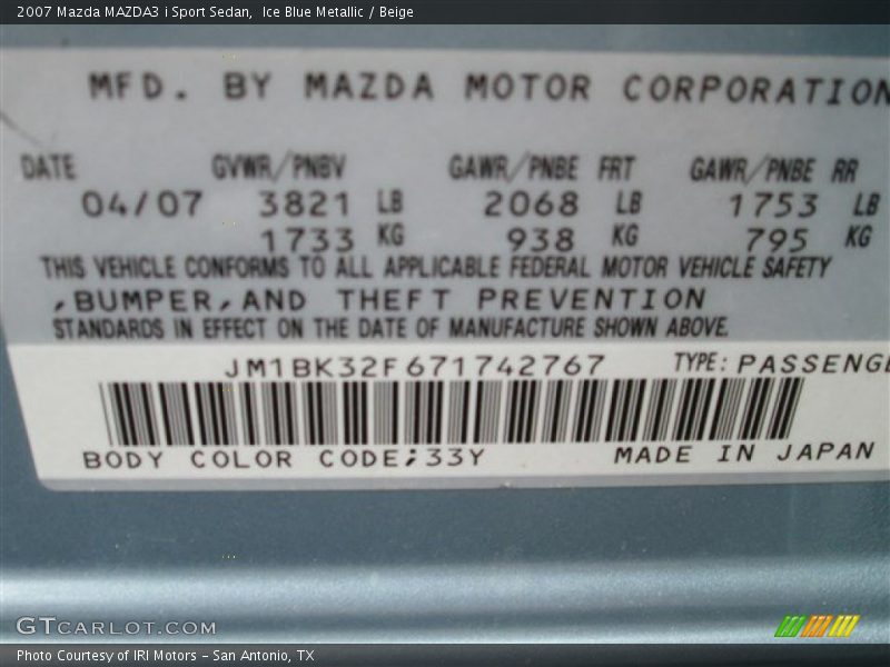 2007 MAZDA3 i Sport Sedan Ice Blue Metallic Color Code 33Y