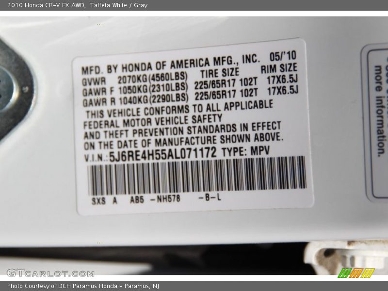 Taffeta White / Gray 2010 Honda CR-V EX AWD