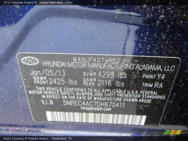 2013 Sonata SE Indigo Night Blue Color Code Y4