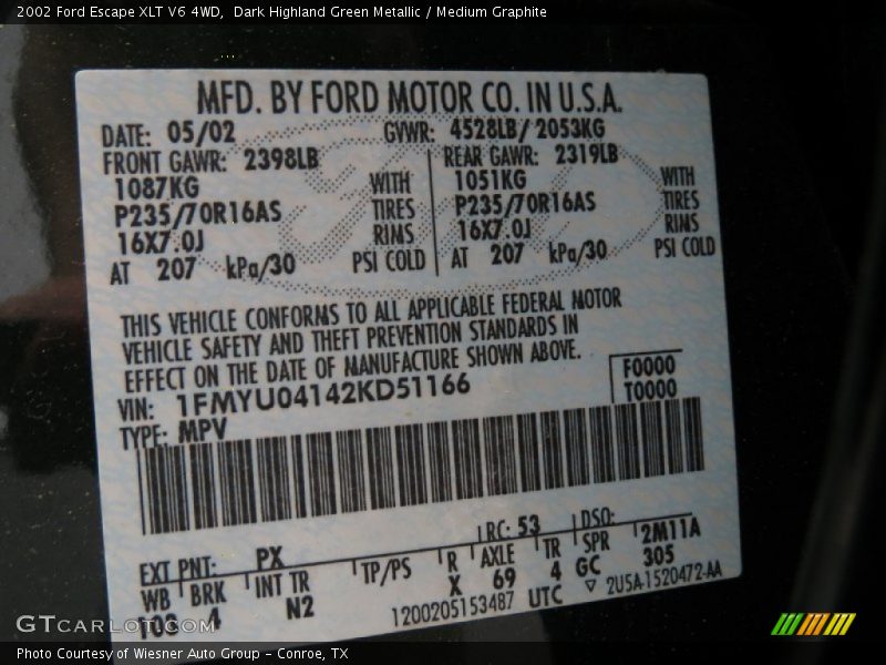 2002 Escape XLT V6 4WD Dark Highland Green Metallic Color Code PX