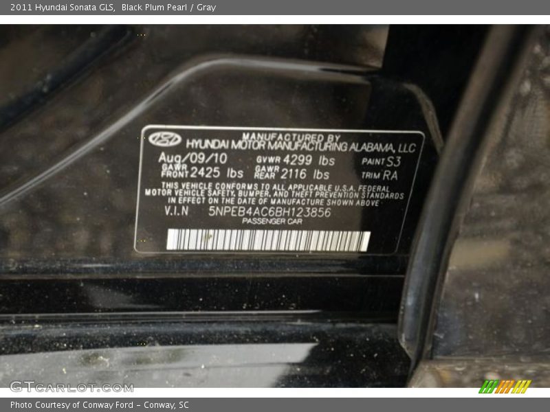 Black Plum Pearl / Gray 2011 Hyundai Sonata GLS