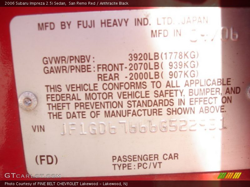 San Remo Red / Anthracite Black 2006 Subaru Impreza 2.5i Sedan